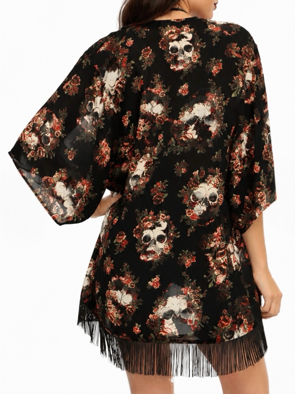 Hot Topic Black Floral Skull Fringe Kimono